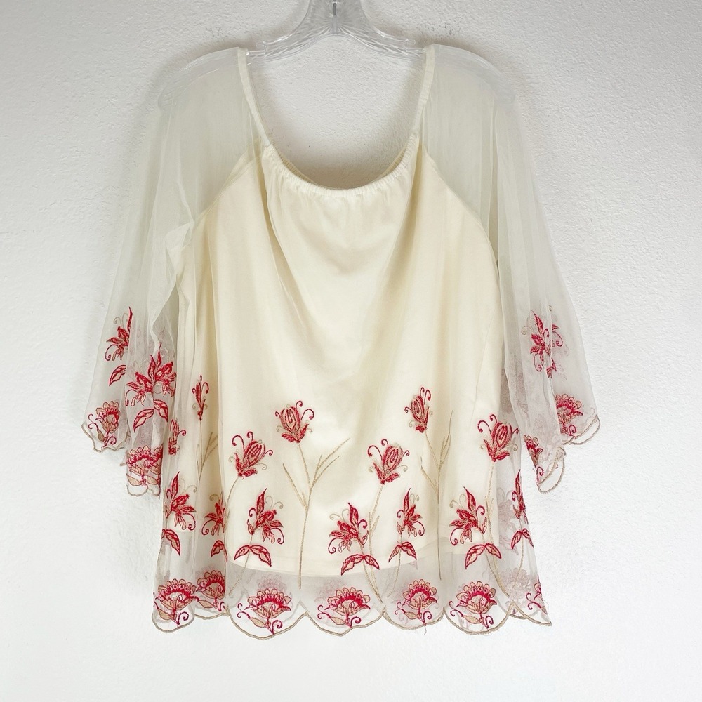 Chicos Top Large 2 Boho Sheer Embroidered Blouse Romantic Feminine Floral Cream